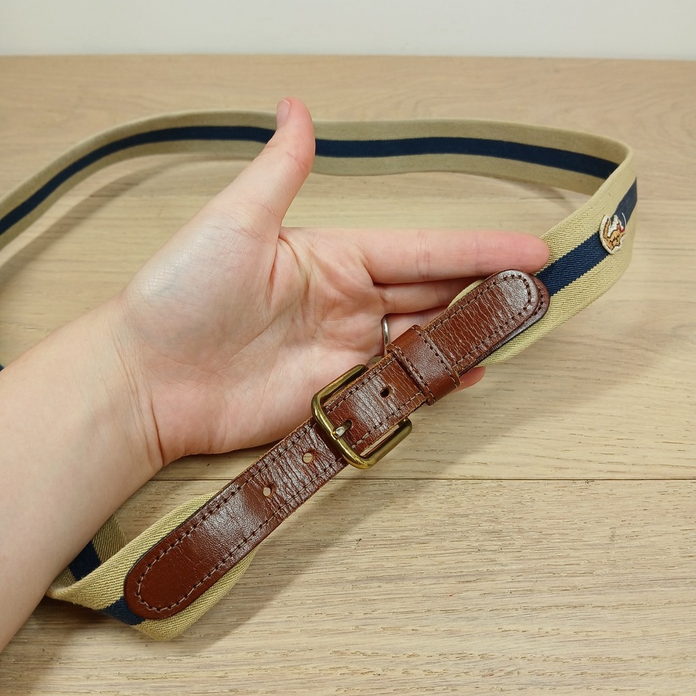 Lacoste Belt Mens Brown Tan Blue Canvas Leather Solid Brass Buckle 2171